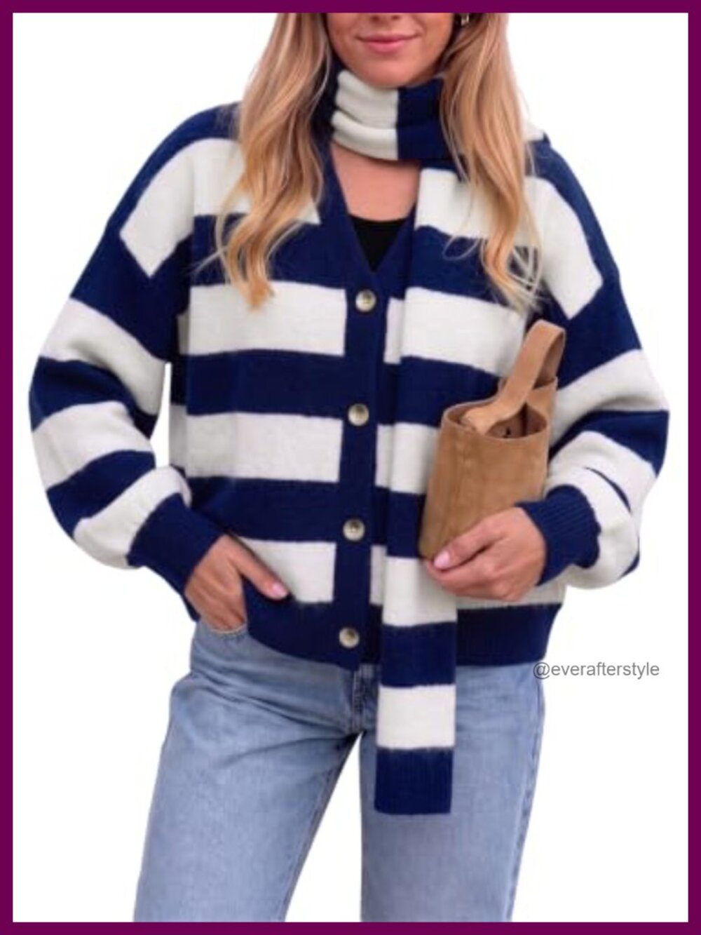 Striped Cardigan Set Long Sleeve Button Knit Sweater with Scarf